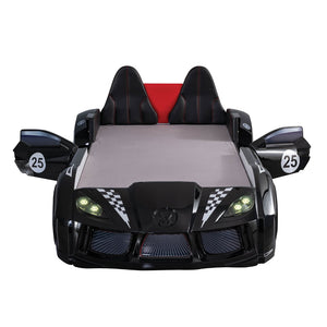 English Elm Modern Race Car Twin Bed with Led Lights Magnetic Doors and Leatherette Upholstery Black B2741S00910