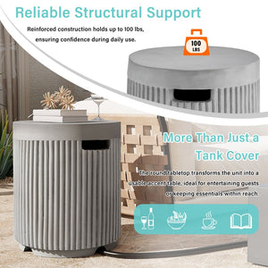 English Elm U_style Outdoor Mgo Propane Tank Cover Round Patio Side Table Fluted Stone Finish Gray N711P410569E