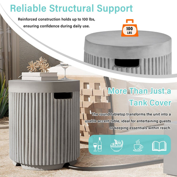 English Elm U_style Outdoor Mgo Propane Tank Cover Round Patio Side Table Fluted Stone Finish Gray N711P410569E