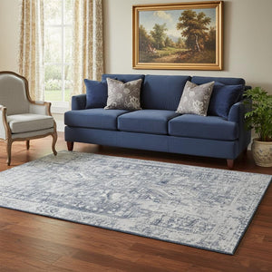 HomeRoots 5' X 8' Navy Blue & Silver Oriental Area Rug – Stylish, Washable, Stain-Resistant with UV Protection 692000