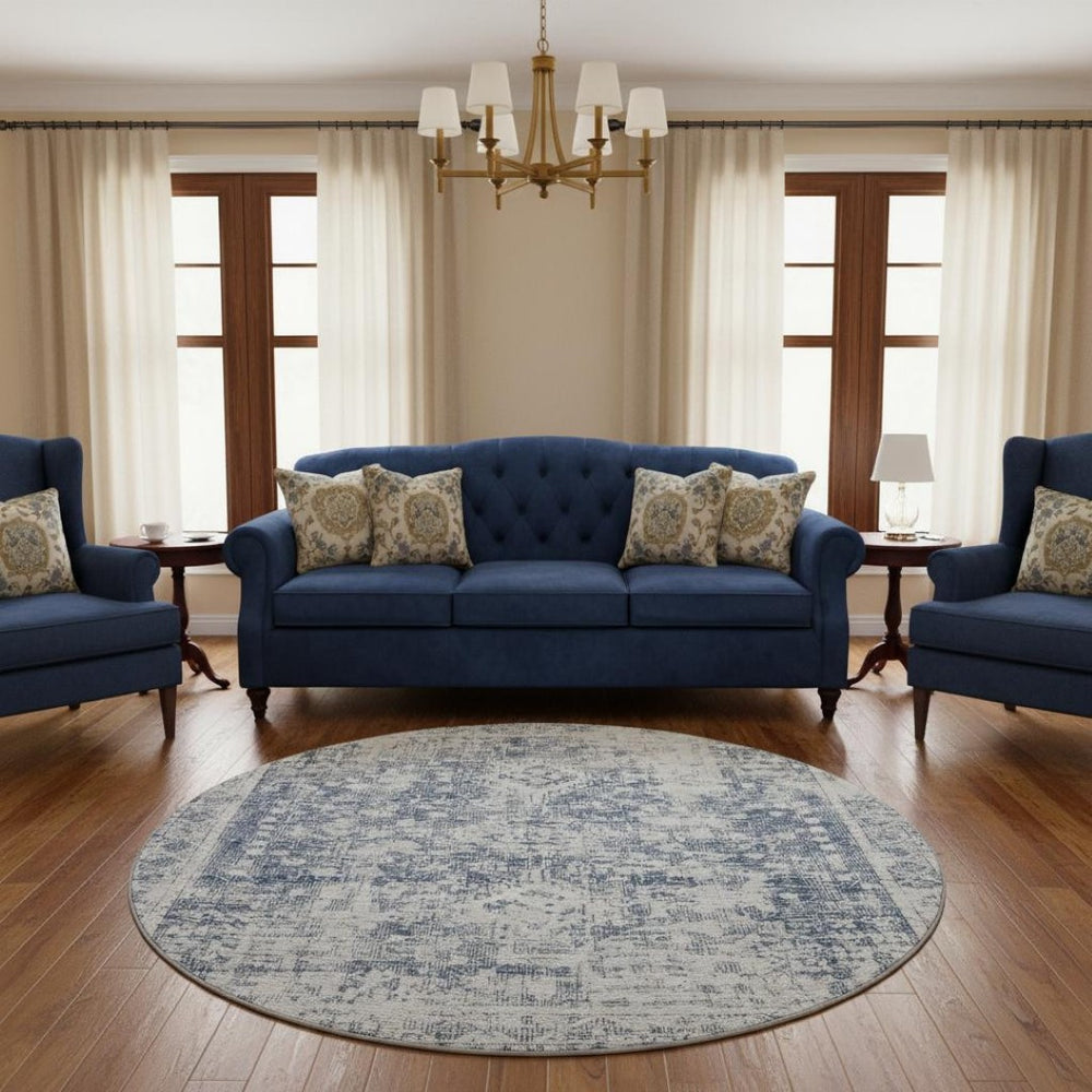 HomeRoots 8' X 8' Navy Blue and Silver Oriental Round Rug – Washable, UV Protected, Perfect for Family Spaces! 692001