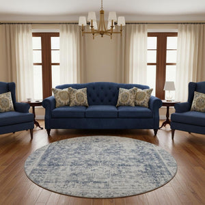 HomeRoots 8' X 8' Navy Blue and Silver Oriental Round Rug – Washable, UV Protected, Perfect for Family Spaces! 692001