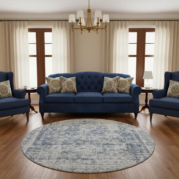 HomeRoots 8' X 8' Navy Blue and Silver Oriental Round Rug – Washable, UV Protected, Perfect for Family Spaces! 692001