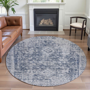 HomeRoots 8' X 8' Navy Blue and Silver Oriental Round Rug – Washable, UV Protected, Perfect for Family Spaces! 692001