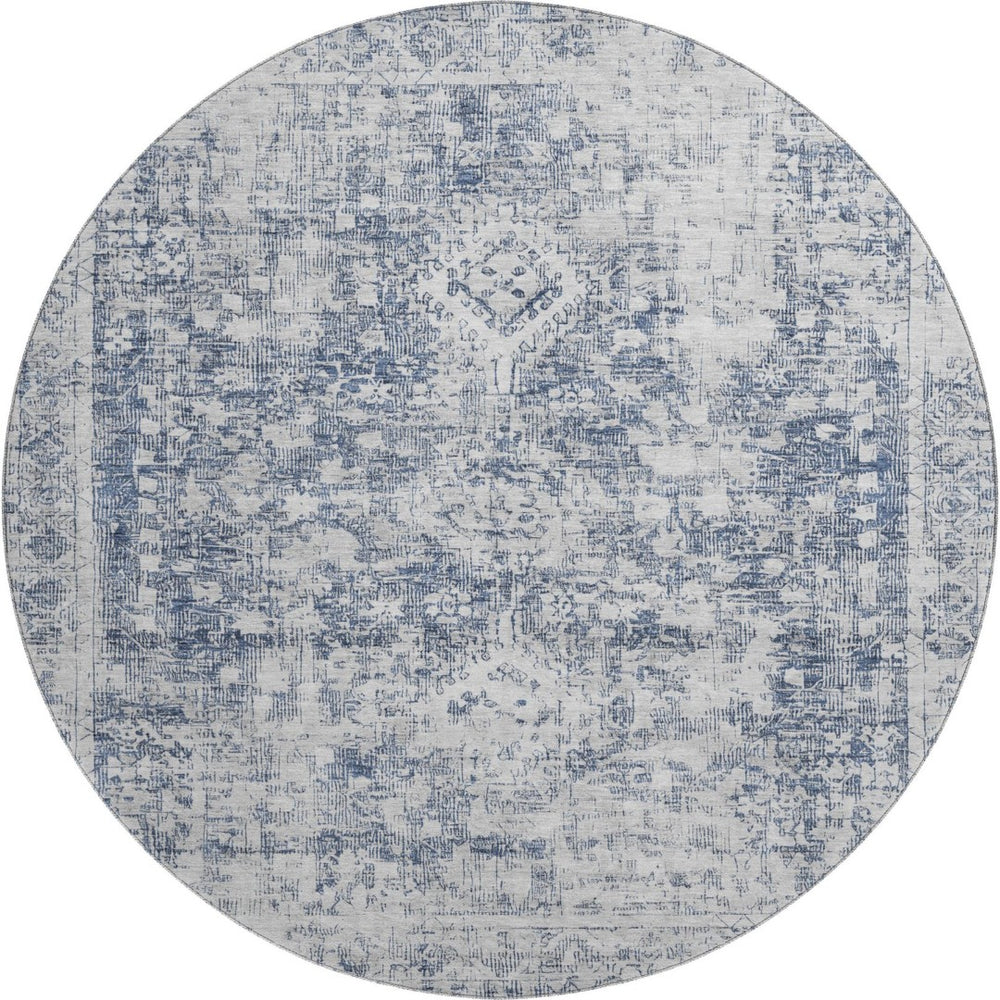 HomeRoots 8' X 8' Navy Blue and Silver Oriental Round Rug – Washable, UV Protected, Perfect for Family Spaces! 692001