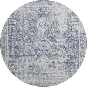 HomeRoots 8' X 8' Navy Blue and Silver Oriental Round Rug – Washable, UV Protected, Perfect for Family Spaces! 692001