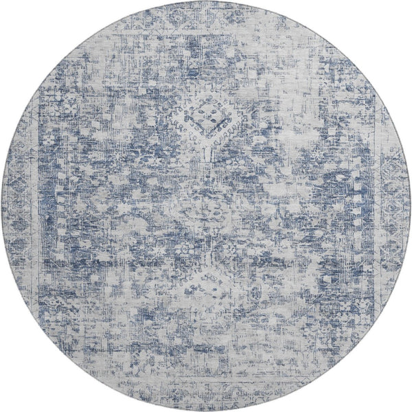 HomeRoots 8' X 8' Navy Blue and Silver Oriental Round Rug – Washable, UV Protected, Perfect for Family Spaces! 692001