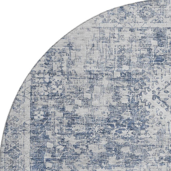 HomeRoots 8' X 8' Navy Blue and Silver Oriental Round Rug – Washable, UV Protected, Perfect for Family Spaces! 692001