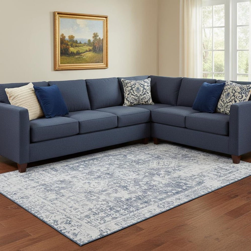 HomeRoots 8' Navy Blue & Silver Oriental Area Rug – Washable, UV Protected, Stain Resistant, Durable Style! 692002