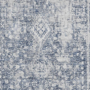 HomeRoots 8' Navy Blue & Silver Oriental Area Rug – Washable, UV Protected, Stain Resistant, Durable Style! 692002