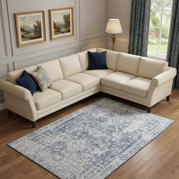 HomeRoots 9' X 12' Navy Blue & Silver Washable Area Rug - Elegant Oriental Design with Stain & UV Protection 692003