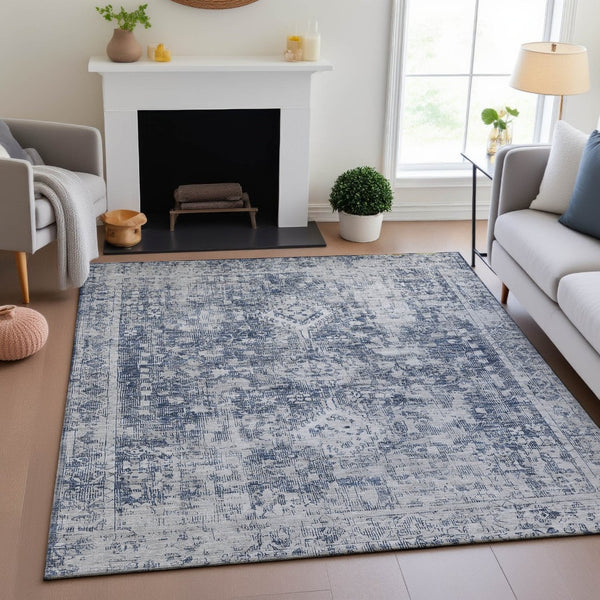 HomeRoots 9' X 12' Navy Blue & Silver Washable Area Rug - Elegant Oriental Design with Stain & UV Protection 692003