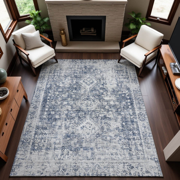 HomeRoots 9' X 12' Navy Blue & Silver Washable Area Rug - Elegant Oriental Design with Stain & UV Protection 692003