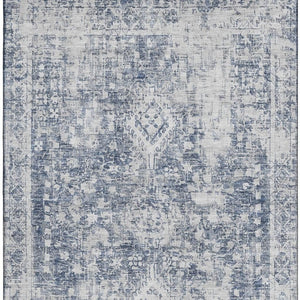 HomeRoots 9' X 12' Navy Blue & Silver Washable Area Rug - Elegant Oriental Design with Stain & UV Protection 692003
