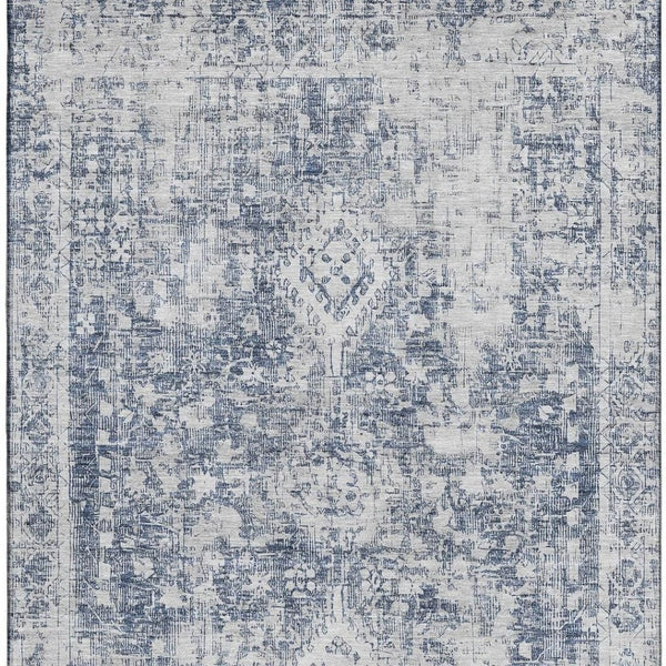 HomeRoots 9' X 12' Navy Blue & Silver Washable Area Rug - Elegant Oriental Design with Stain & UV Protection 692003
