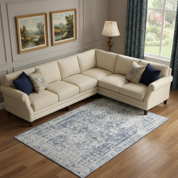 HomeRoots 10' X 14' Navy Blue & Silver Oriental Area Rug – Durable, Washable, UV-Protected for Modern Homes 692004
