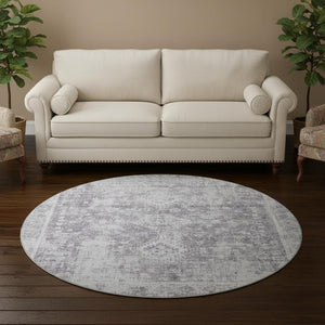 HomeRoots 8' X 8' Plum and Silver Oriental Round Rug - Washable, UV Protected, Stain Resistant for Easy Care 692007