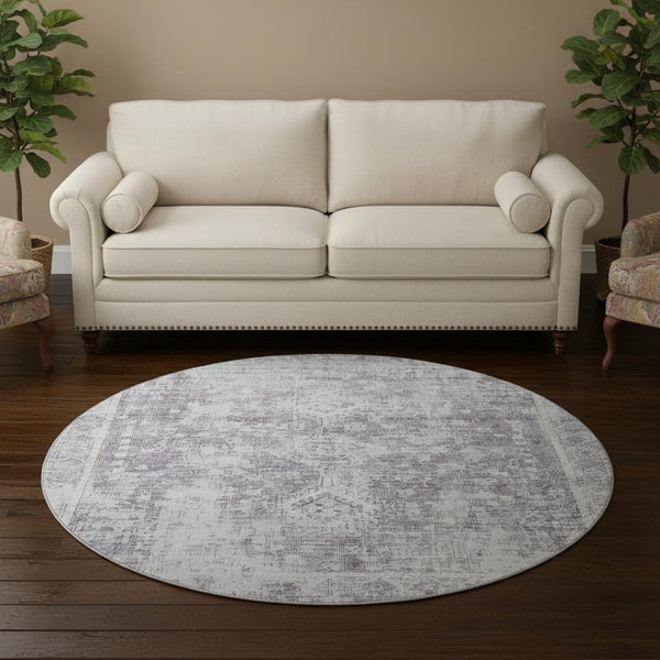 HomeRoots 8' X 8' Plum and Silver Oriental Round Rug - Washable, UV Protected, Stain Resistant for Easy Care 692007