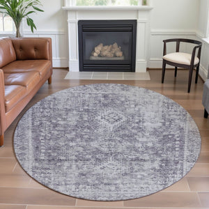 HomeRoots 8' X 8' Plum and Silver Oriental Round Rug - Washable, UV Protected, Stain Resistant for Easy Care 692007