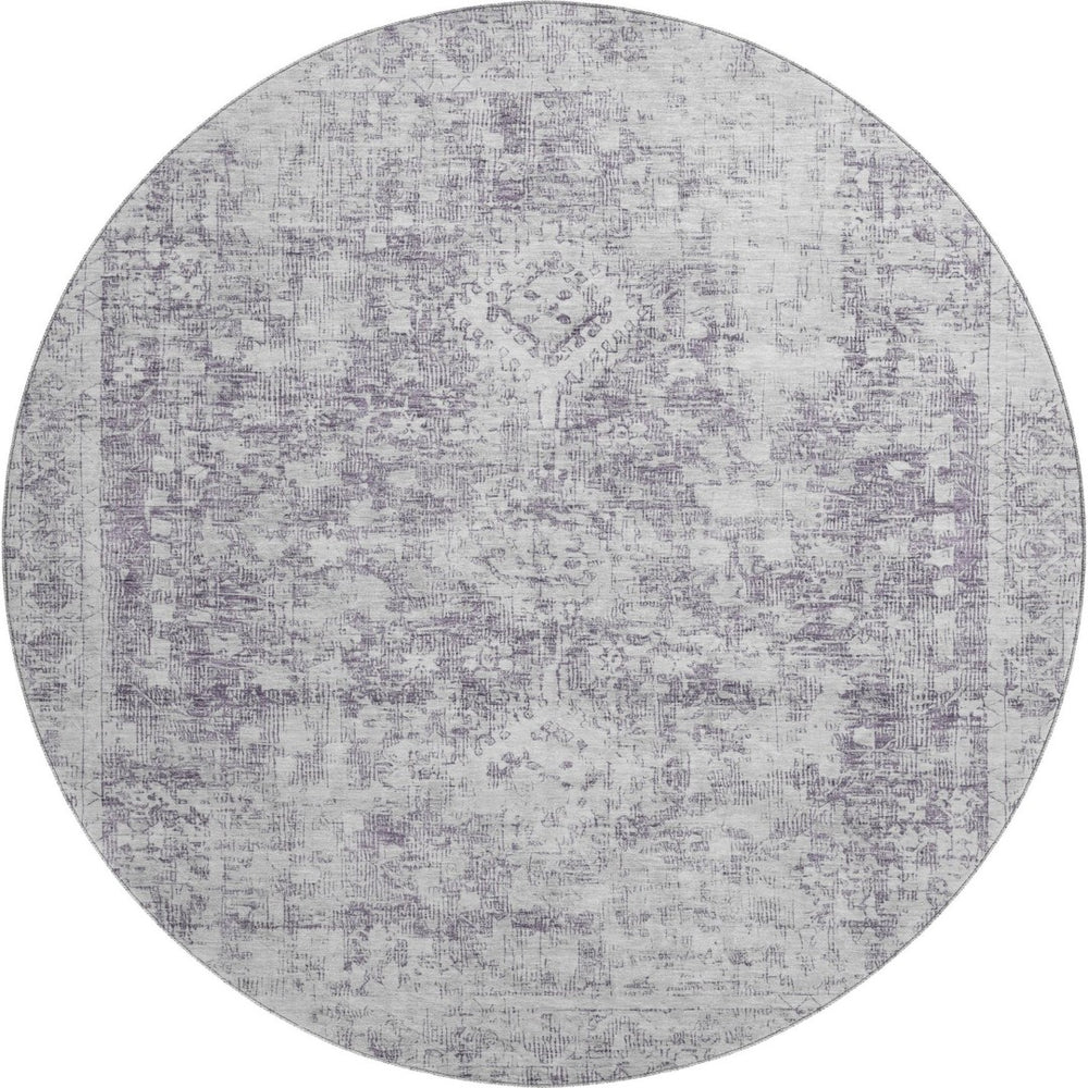 HomeRoots 8' X 8' Plum and Silver Oriental Round Rug - Washable, UV Protected, Stain Resistant for Easy Care 692007