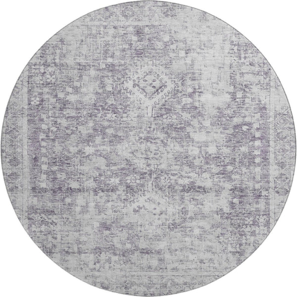 HomeRoots 8' X 8' Plum and Silver Oriental Round Rug - Washable, UV Protected, Stain Resistant for Easy Care 692007