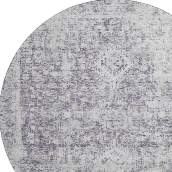 HomeRoots 8' X 8' Plum and Silver Oriental Round Rug - Washable, UV Protected, Stain Resistant for Easy Care 692007