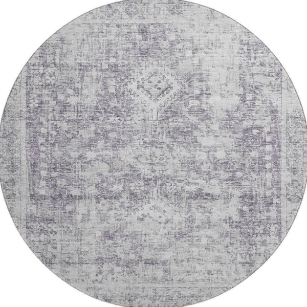 HomeRoots 8' X 8' Plum and Silver Oriental Round Rug - Washable, UV Protected, Stain Resistant for Easy Care 692007