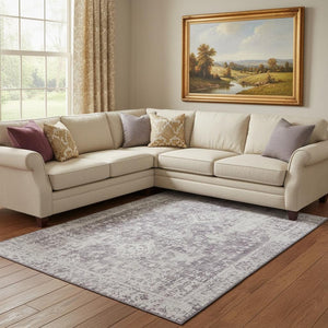 HomeRoots 8' Elegant Plum and Silver Oriental Area Rug - Washable, UV Protected, Stain Resistant, Durable Design 692008