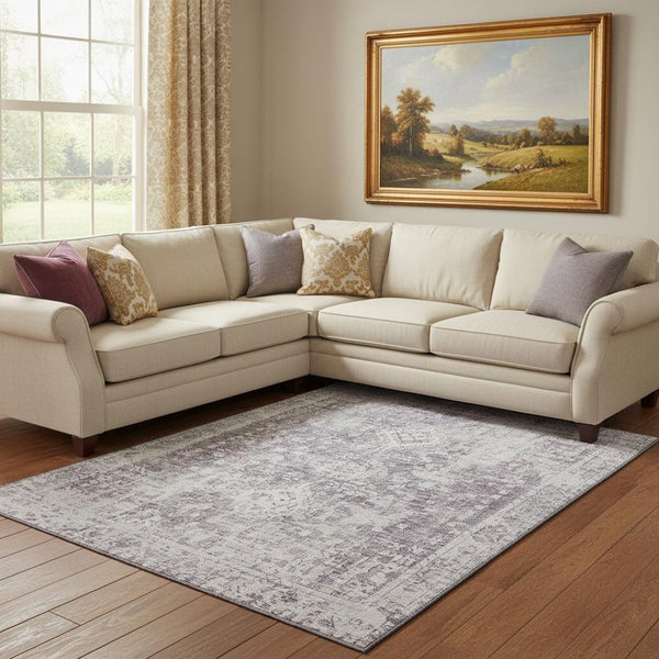 HomeRoots 8' Elegant Plum and Silver Oriental Area Rug - Washable, UV Protected, Stain Resistant, Durable Design 692008