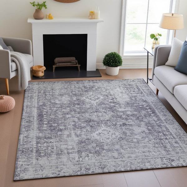 HomeRoots 10' X 14' Plum & Silver Oriental Area Rug - Washable, UV Protected, Durable & Non-Slip for Homes 692010