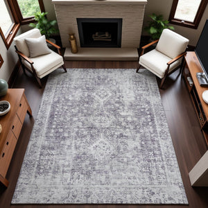 HomeRoots 10' X 14' Plum & Silver Oriental Area Rug - Washable, UV Protected, Durable & Non-Slip for Homes 692010