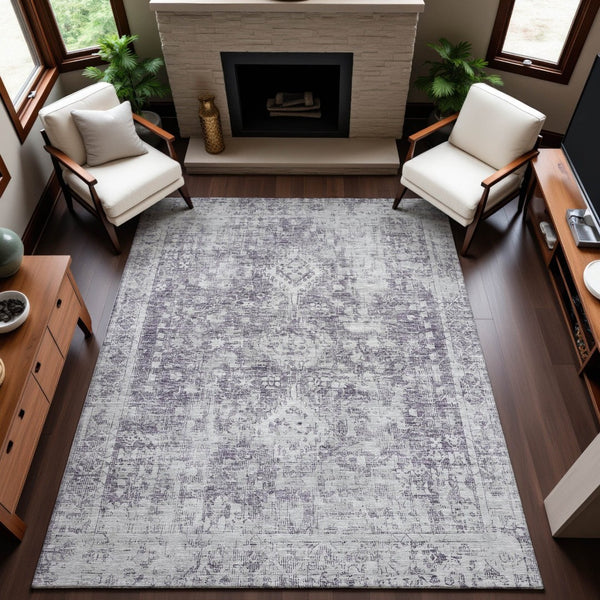 HomeRoots 10' X 14' Plum & Silver Oriental Area Rug - Washable, UV Protected, Durable & Non-Slip for Homes 692010