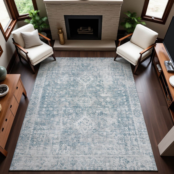 HomeRoots 5' X 8' Sky Blue and Silver Oriental Area Rug – Durable, Washable, UV Protected for Every Space! 692012