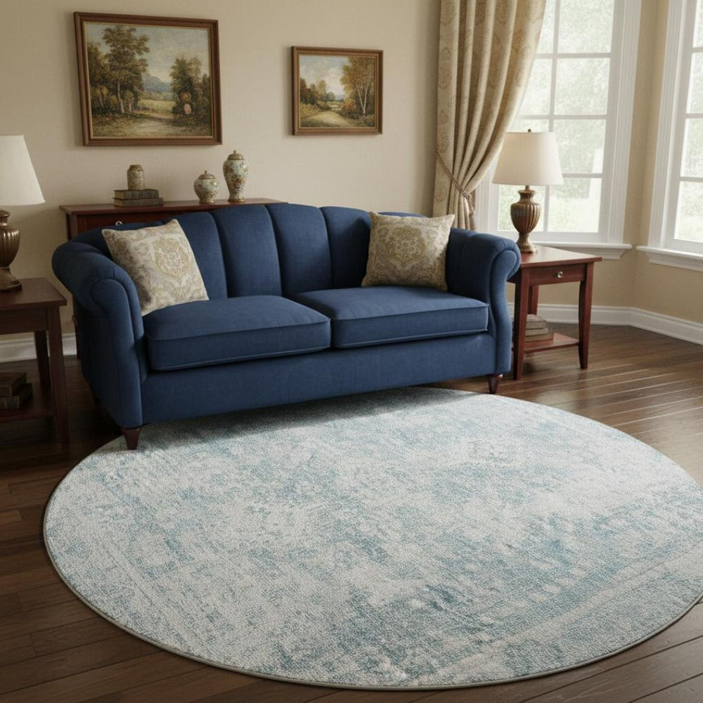 HomeRoots 8' X 8' Sky Blue & Silver Oriental Round Rug with UV Protection - Stylish, Washable & Durable Design 692013