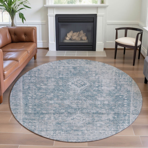 HomeRoots 8' X 8' Sky Blue & Silver Oriental Round Rug with UV Protection - Stylish, Washable & Durable Design 692013