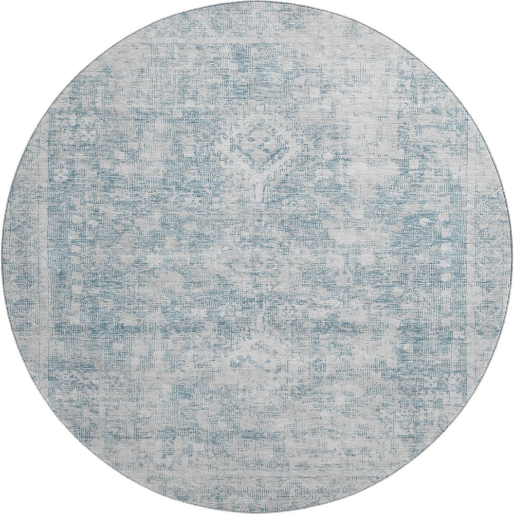 HomeRoots 8' X 8' Sky Blue & Silver Oriental Round Rug with UV Protection - Stylish, Washable & Durable Design 692013