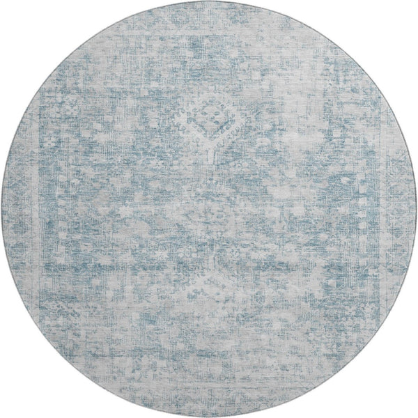 HomeRoots 8' X 8' Sky Blue & Silver Oriental Round Rug with UV Protection - Stylish, Washable & Durable Design 692013