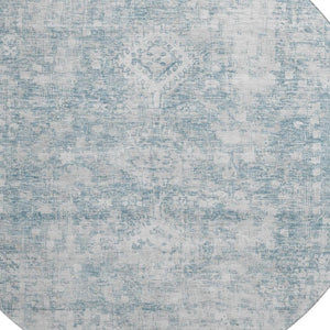 HomeRoots 8' X 8' Sky Blue & Silver Oriental Round Rug with UV Protection - Stylish, Washable & Durable Design 692013