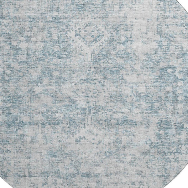 HomeRoots 8' X 8' Sky Blue & Silver Oriental Round Rug with UV Protection - Stylish, Washable & Durable Design 692013