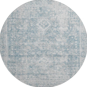 HomeRoots 8' X 8' Sky Blue & Silver Oriental Round Rug with UV Protection - Stylish, Washable & Durable Design 692013
