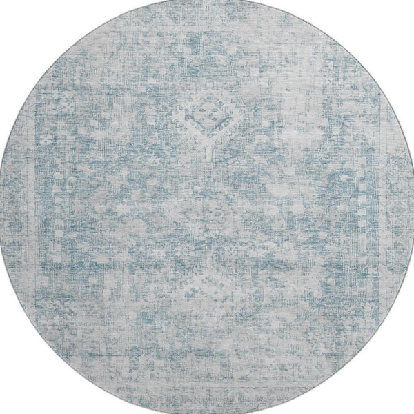 HomeRoots 8' X 8' Sky Blue & Silver Oriental Round Rug with UV Protection - Stylish, Washable & Durable Design 692013