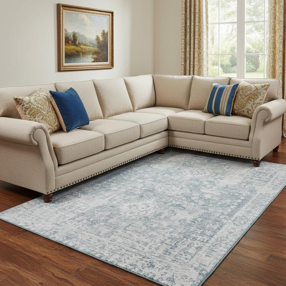 HomeRoots 8' Sky Blue & Silver Oriental Washable Area Rug - Durable, Stain-Resistant, UV Protected Elegance! 692014