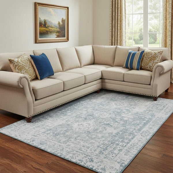 HomeRoots 8' Sky Blue & Silver Oriental Washable Area Rug - Durable, Stain-Resistant, UV Protected Elegance! 692014