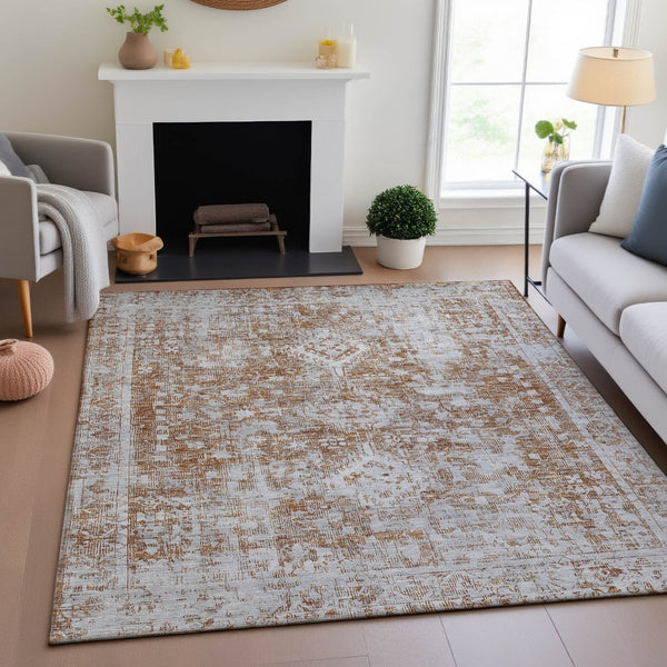 HomeRoots 5' X 8' Elegant Terra Cotta Silver Oriental Area Rug - Washable, UV Protected, Durable & Stylish! 692018