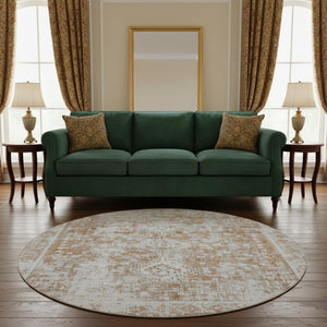 HomeRoots 8' X 8' Elegant Terra Cotta and Silver Oriental Round Rug – Durable, Washable, UV Protected Design! 692019