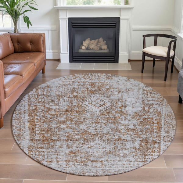 HomeRoots 8' X 8' Elegant Terra Cotta and Silver Oriental Round Rug – Durable, Washable, UV Protected Design! 692019