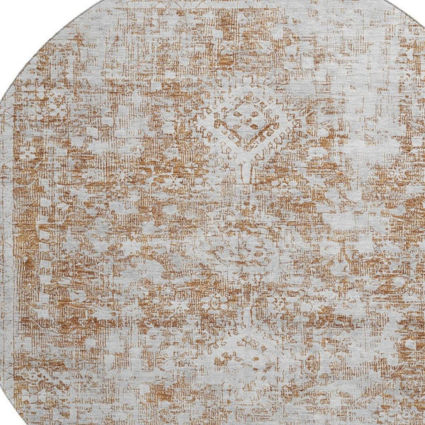HomeRoots 8' X 8' Elegant Terra Cotta and Silver Oriental Round Rug – Durable, Washable, UV Protected Design! 692019