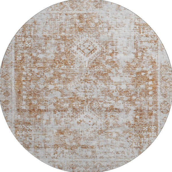 HomeRoots 8' X 8' Elegant Terra Cotta and Silver Oriental Round Rug – Durable, Washable, UV Protected Design! 692019