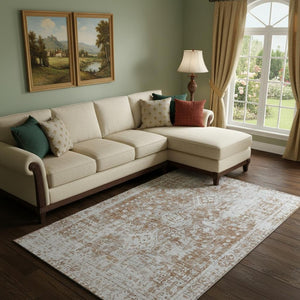 HomeRoots 9' X 12' Terra Cotta & Silver Oriental Area Rug - Washable, UV-Protected, Durable for Any Space! 692021