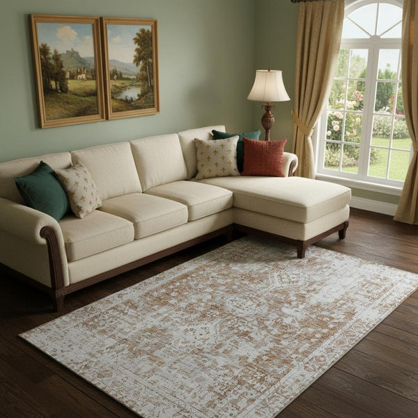 HomeRoots 9' X 12' Terra Cotta & Silver Oriental Area Rug - Washable, UV-Protected, Durable for Any Space! 692021